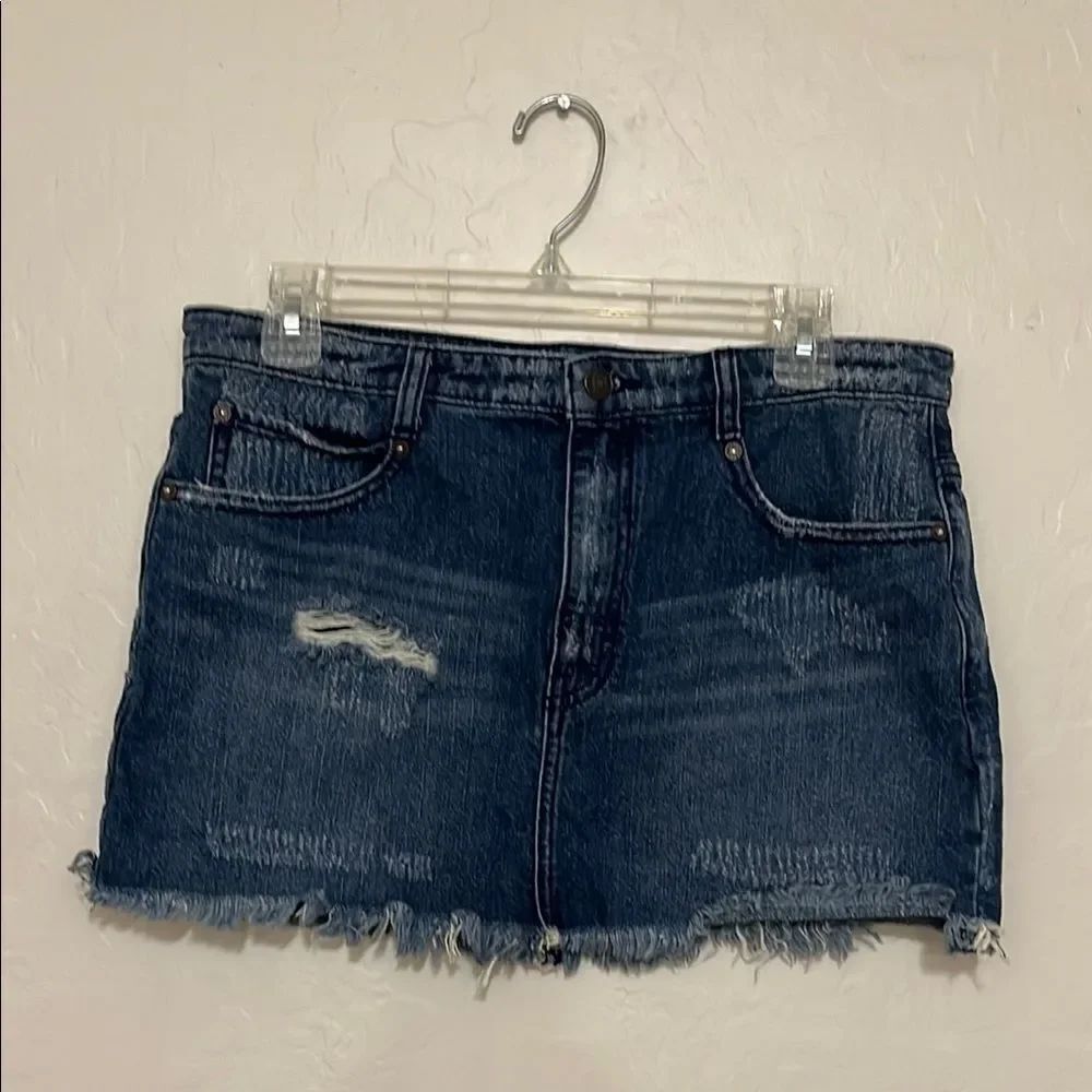 Y2K Free People Blue Distressed Denim Mini Raw Hem Skirt Boho Festival Concert